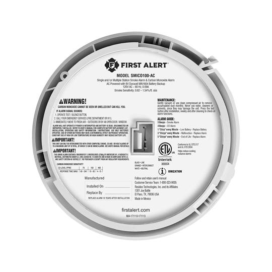 BRK First Alert SMIC0100-AC Hardwired Dual Smoke & CO Alarm